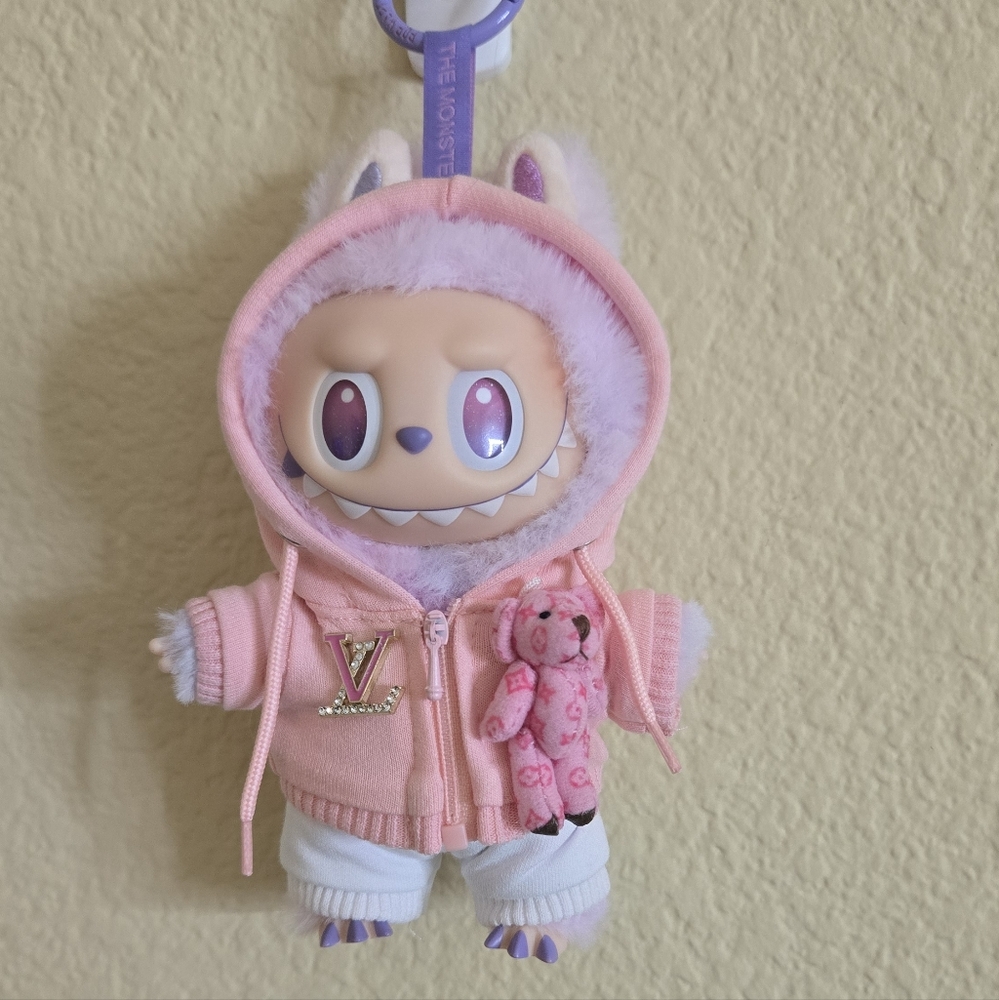 Designer Labubu Clothes - Pink Hoodie With White Pants *Labubu Not Included*